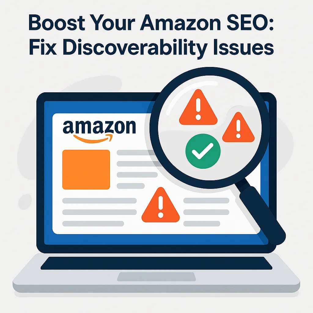 Amazon SEO audit dashboard showing listing optimization metrics and discoverability issues.
